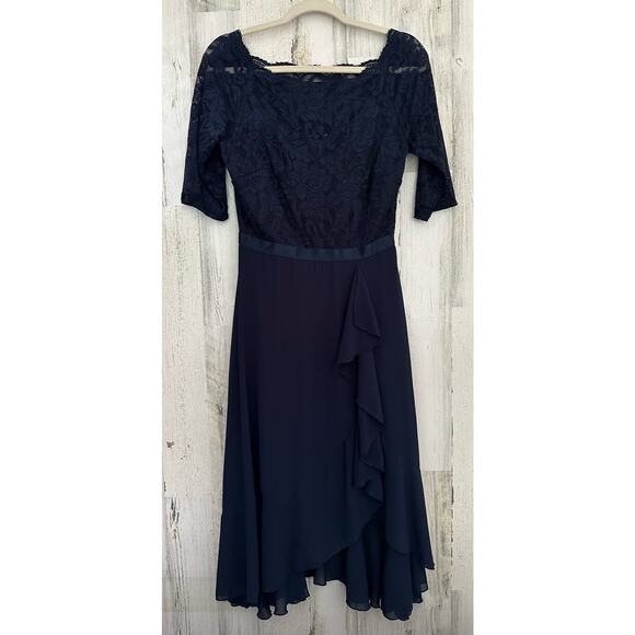Miusol Womens Dress Size Medium Navy Lace Bodice Ruffled Asymmetrical Skirt - Picture 2 of 11